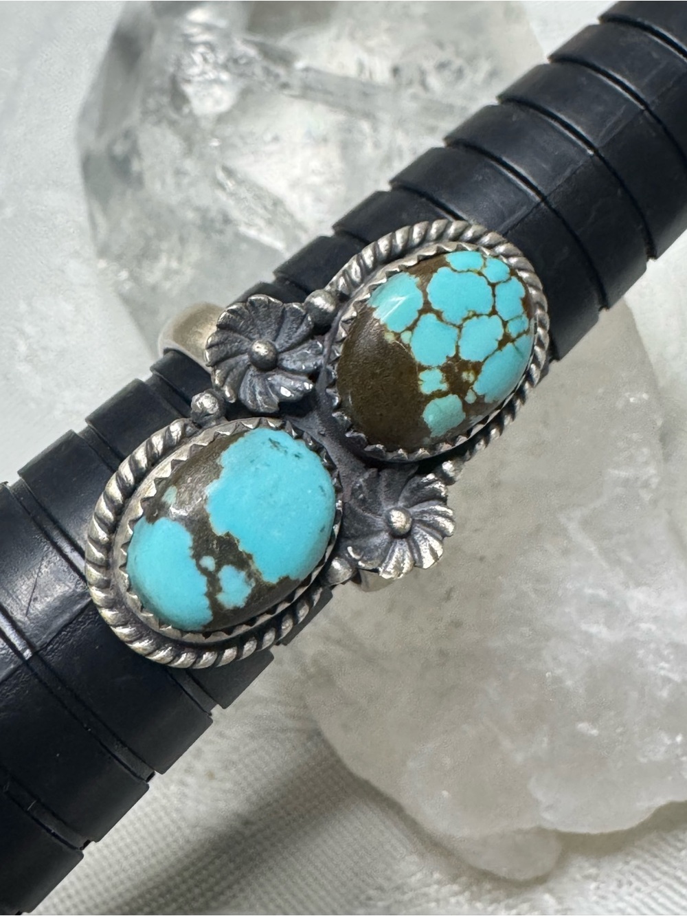 Number 8 Turquoise Double Stone Floral Sterling Silver Ring - Southwestern - Picture 3 of 6